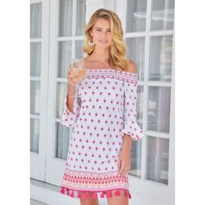 Cabana Life Tulum Off Shoulder Tassel Dress XS‎ White Pink Resort Beachwear